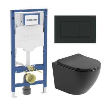 Set rezervor incastrat Geberit Duofix cu set fixare si clapeta Sigma20 negru mat plus vas WC Rune Ivaldi cu capac softclose
