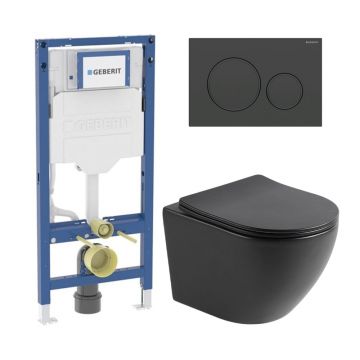 Set rezervor incastrat Geberit Duofix cu set fixare si clapeta Sigma20 negru mat plus vas WC Rune Ivaldi cu capac softclose