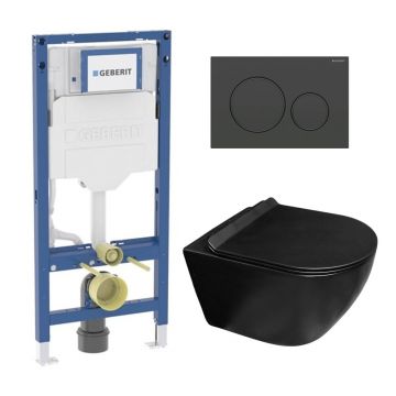 Set rezervor incastrat Geberit Duofix cu set fixare si clapeta Sigma20 negru mat plus vas WC Rune Ivaldi Grande cu capac softclose