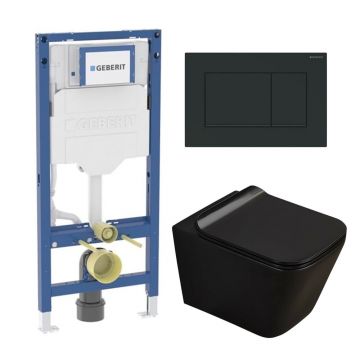 Set rezervor incastrat Geberit Duofix cu set fixare si clapeta Sigma20 negru mat plus vas WC Rune Jord cu capac softclose