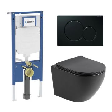 Set rezervor incastrat Geberit Duofix cu sistem de prindere, clapeta neagra Sigma01 plus vas WC suspendat Rune Ivaldi cu capac softclose