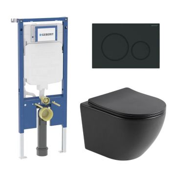 Set rezervor incastrat Geberit Duofix cu sistem de prindere, clapeta neagra Sigma20 plus vas WC suspendat Rune Ivaldi cu capac softclose
