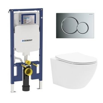 Set rezervor incastrat Geberit Duofix Sigma cu set de fixare, clapeta crom Sigma01 plus vas WC Rune Ivaldi alb cu capac slim softclose