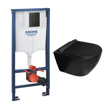 Set rezervor incastrat Grohe Solido 3 in 1 cu clapeta neagra Even plus vas WC suspendat Rune Ivaldi Grande cu capac softclose