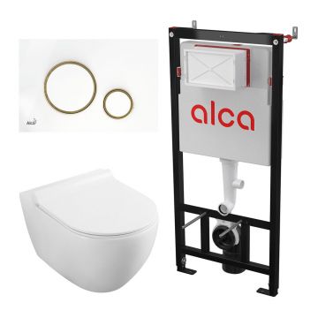 Set rezervor WC cu cadru incastrat Alca AM101/1120 si clapeta M775 alb plus vas WC Fluminia Minerva cu capac softclose alb