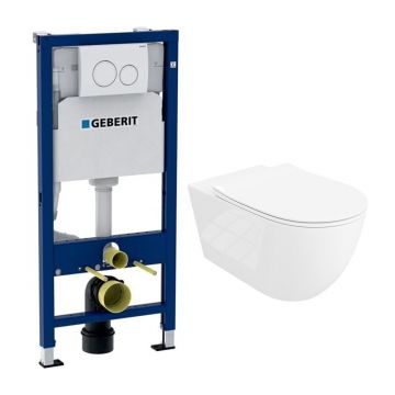 Set rezervor WC cu cadru incastrat Geberit Duofix cu set fixare si clapeta alba Delta20 plus vas WC Rune Ivaldi Grande alb cu capac slim softclose