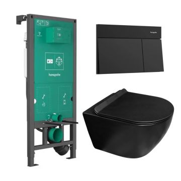 Set rezervor WC cu cadru incastrat Hansgrohe iFrame 112 cm si clapeta de actionare Element E negru mat plus vas WC Rune Ivaldi Grande cu capac softclose