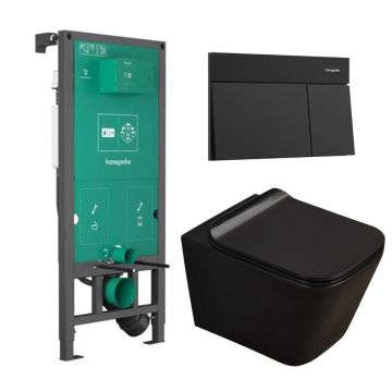 Set rezervor WC cu cadru incastrat Hansgrohe iFrame 112 cm si clapeta de actionare Element E negru mat plus vas WC Rune Jord cu capac softclose
