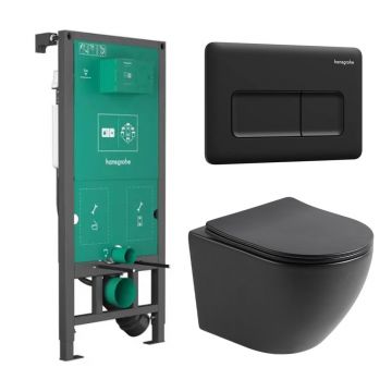 Set rezervor WC cu cadru incastrat Hansgrohe iFrame 112 cm si clapeta de actionare iFrame Original Q negru mat plus vas WC Rune Ivaldi cu capac softclose