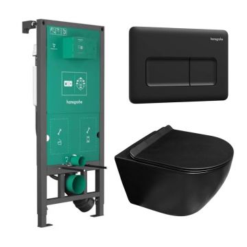 Set rezervor WC cu cadru incastrat Hansgrohe iFrame 112 cm si clapeta de actionare iFrame Original Q negru mat plus vas WC Rune Ivaldi Grande cu capac softclose