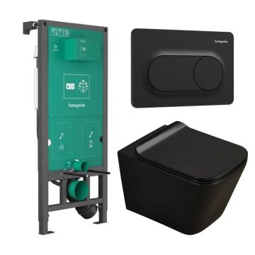 Set rezervor WC cu cadru incastrat Hansgrohe iFrame 112 cm si clapeta de actionare iFrame Original S negru mat plus vas WC Rune Jord cu capac softclose