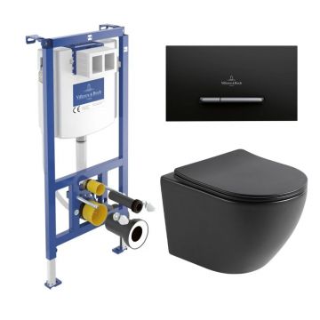 Set rezervor WC cu cadru incastrat Villeroy&Boch ViConnect si clapeta de actionare ViConnect 300S negru mat plus vas WC Rune Ivaldi cu capac softclose
