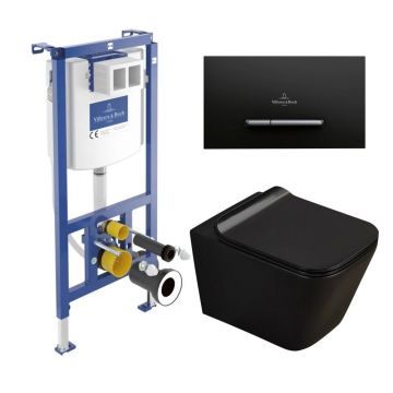 Set rezervor WC cu cadru incastrat Villeroy&Boch ViConnect si clapeta de actionare ViConnect 300S negru mat plus vas WC Rune Jord cu capac softclose