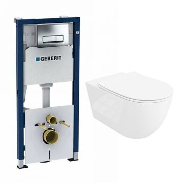 Set rezervor WC incastrat cu set fixare Geberit Duofix Up100 si clapeta Delta crom plus vas WC Rune Ivaldi Grande alb cu capac slim softclose