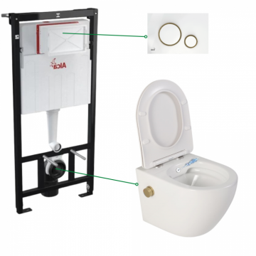 Set vas wc alb cu functie bideu si baterie auriu mat Foglia Oslo, rezervor incastrat si clapeta alba cu detalii aurii, Alcadrain