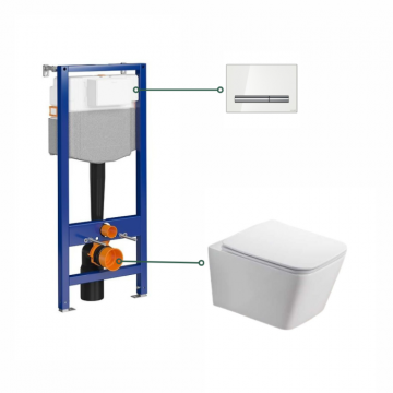 Set vas wc dreptunghiular cu capac softclose inclus, alb lucios, Foglia Safari, rezervor incastrat si clapeta de actionare, alba, Cersanit