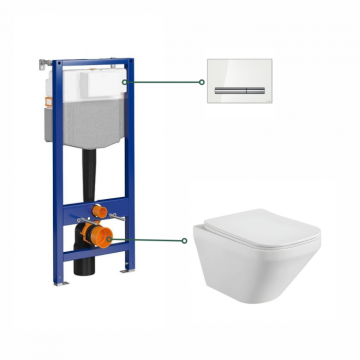 Set vas wc rimless, dreptunghiular, capac slim softclose, Foglia Bristol, rezervor incastrat si calpeta de actionare, alba, Cersanit