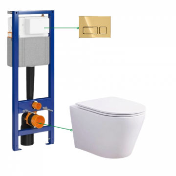 Set vas wc rimless suspendat, asimetric, cu capac softclose, Oslo Foglia, rezervor incastrat si clapeta aurie Cersanit Block