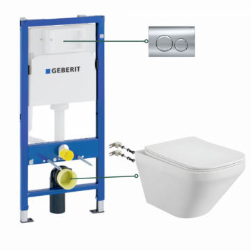 Set vas wc suspendat Bristo Foglia, clapeta crom, rezervor wc incastrat Geberit Duofix Delta