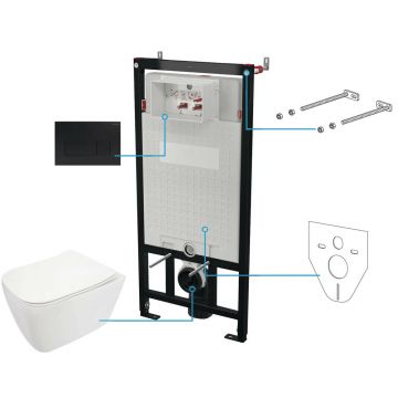 Set vas wc suspendat cu capac Deante Hiacynt New rimless, rezervor incastrat si clapeta actionare Slim negru