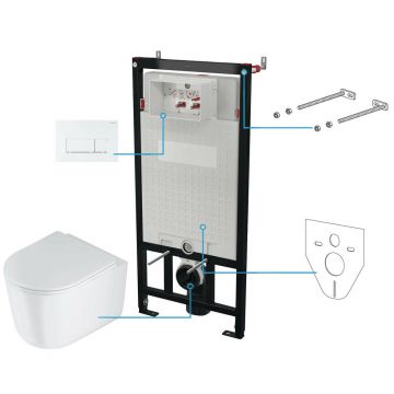 Set vas wc suspendat cu capac Deante Jasmin rimless, rezervor incastrat si clapeta actionare Slim alb