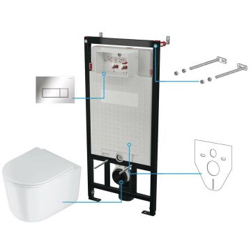 Set vas wc suspendat cu capac Deante Jasmin rimless, rezervor incastrat si clapeta actionare Slim crom