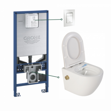 Set vas wc suspendat cu functie bideu alb si baterie inclusa auriu mat Foglia Oslo, rezervor wc incastrat si clapeta alb alpin, Grohe