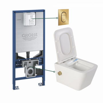 Set vas wc suspendat cu functie bideu alb si baterie inclusa auriu mat Foglia Safari, rezervor wc incastrat si clapeta auriu periat, Grohe