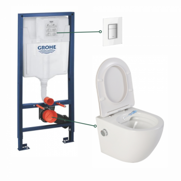 Set vas wc suspendat cu functie bideu alb si baterie inclusa crom Foglia Oslo, rezervor wc incastrat si clapeta din sticla alba, Grohe