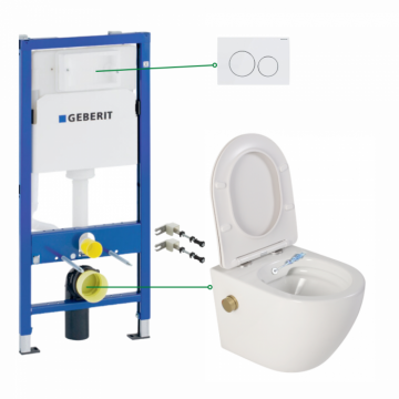 Set vas wc suspendat cu functie bideu si baterie auriu mat Foglia Oslo, rezervor incastrat si clapeta alb lucios, Geberit Delta