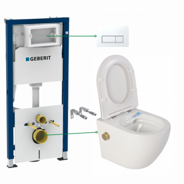 Set vas wc suspendat cu functie bideu si baterie auriu mat Foglia Oslo, rezervor wc incastrat si clapeta alb alpin, Geberit Delta 51