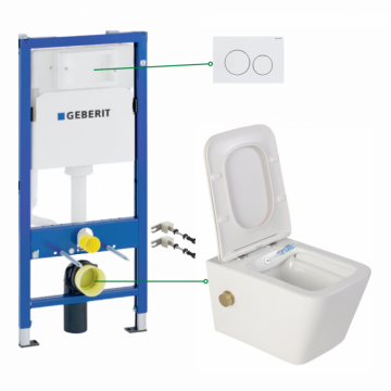 Set vas wc suspendat cu functie bideu si baterie auriu mat Foglia Safari, rezervor incastrat si clapeta alb lucios, Geberit Delta
