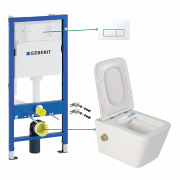 Set vas wc suspendat cu functie bideu si baterie auriu mat Foglia Safari, rezervor wc incastrat si clapeta alb alpin, Geberit Delta 51