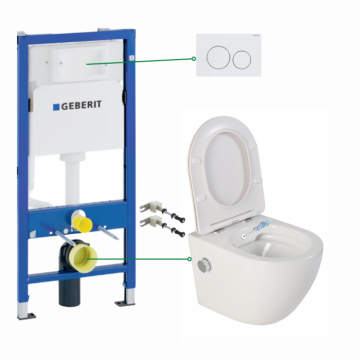 Set vas wc suspendat cu functie bideu si baterie crom Foglia Oslo, rezervor incastrat si clapeta alb lucios, Geberit Delta