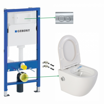Set vas wc suspendat cu functie bideu si baterie crom Foglia Oslo, rezervor incastrat si clapeta crom lucios, Geberit Delta