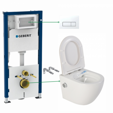 Set vas wc suspendat cu functie bideu si baterie crom Foglia Oslo, rezervor wc incastrat si clapeta alb alpin, Geberit Delta 51