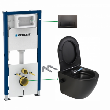 Set vas wc suspendat cu functie bideu si baterie inclusa Foglia Oslo, rezervor wc incastrat si clapeta negru lucios Geberit Duofix