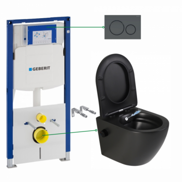 Set vas wc suspendat cu functie bideu si baterie inclusa Foglia Oslo, rezervor wc incastrat si clapeta negru mat, Geberit Sigma