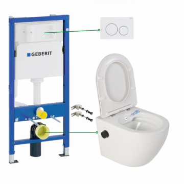 Set vas wc suspendat cu functie bideu si baterie negru mat Foglia Oslo, rezervor incastrat si clapeta alb lucios, Geberit Delta