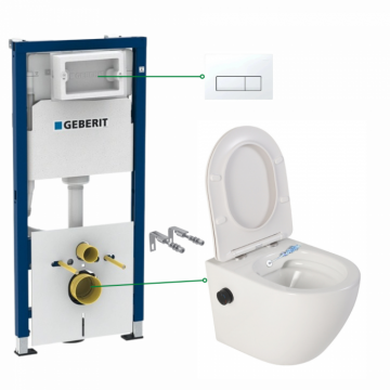 Set vas wc suspendat cu functie bideu si baterie negru mat Foglia Oslo, rezervor wc incastrat si clapeta alb alpin, Geberit Delta 51