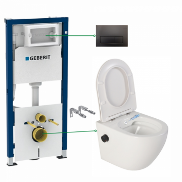 Set vas wc suspendat cu functie bideu si baterie negru mat Foglia Oslo, rezervor wc incastrat si clapeta negru lucios Geberit Duofix