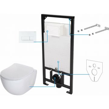 Set vas WC suspendat Deante Peonia Zero alb cu cadru de toaleta, rezervor ascuns si buton de actiune alb