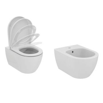 Set vas WC suspendat Ideal Standard Ellisse cu capac softclose alb si bideu