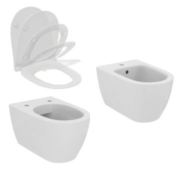 Set vas WC suspendat Ideal Standard I.life O cu capac softclose alb si bideu