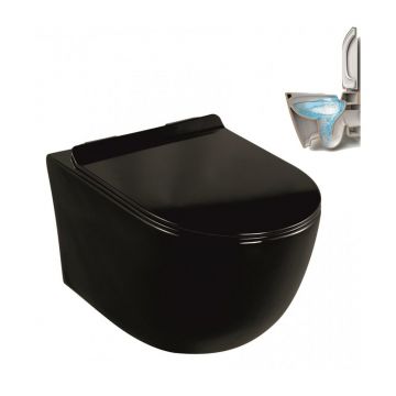 Set vas WC suspendat Inter Ceramic Rimless cu capac slim negru lucios functie bideu