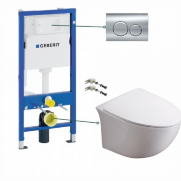 Set vas wc suspendat rimless cu capac soft close Foglia Alice, rezervor incastrat si clapeta crom Geberit