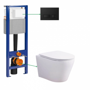Set vas wc suspendat rimless cu capac soft close Oslo Foglia, rezervor incastrat si clapeta neagra Cersanit Block