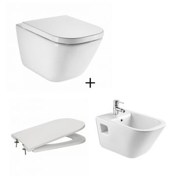 Set vas wc suspendat Roca The Gap rimless cu capac softclose slim si bideu alb