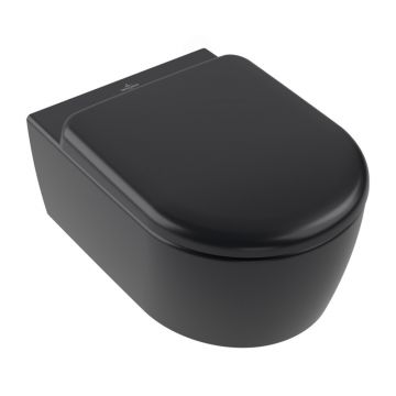 Set vas WC suspendat Villeroy&Boch Skyla Combi-Pack Rimless TwistFlush cu capac softclose negru Pure Black CeramicPlus