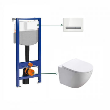 Set vas wc vortex cu  capac softclose alb, Foglia Oslo, rezervor incastrat si clapeta de actionare alba, Cersanit